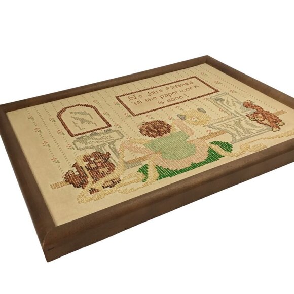 Vintage Finished Framed Cross Stitch No Job is Finished Paperwork Cat Sampler - Picture 8 of 11